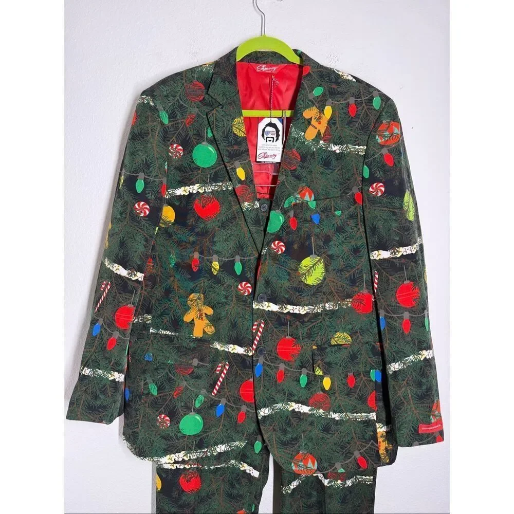 Shinesty Christmas Tree Camo Suit Jacket 46 Pants 36/34 NYE ugly Funny Sweater